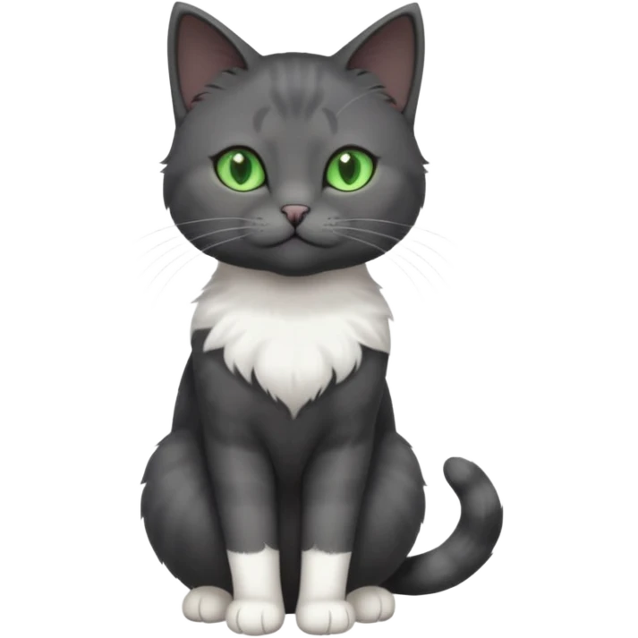 full body view of beautiful female solid dark grey cat with green eyes, white toes and white patch on chest emoji