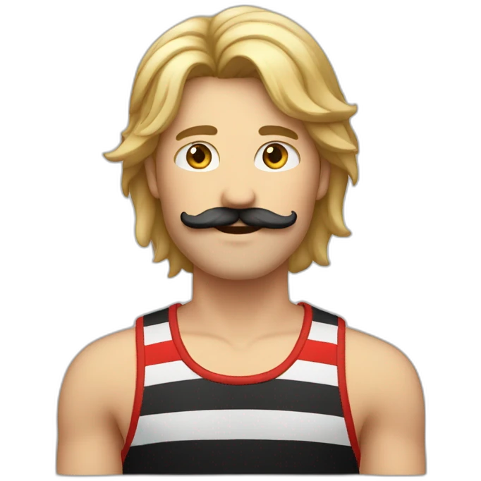 long hair male with moustache and striped black and red tank top emoji
