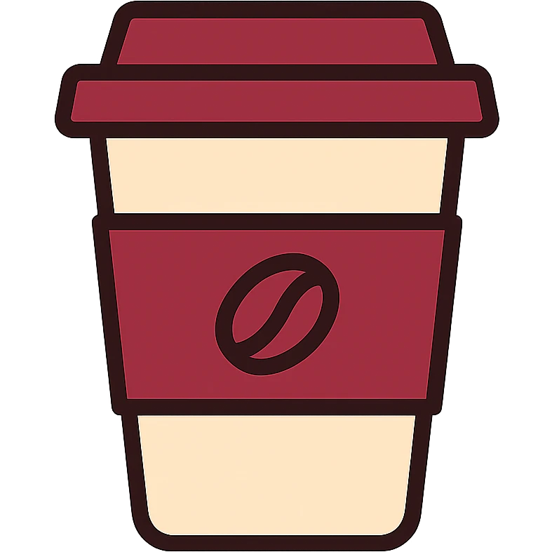 A takeaway coffee cup emoji with a burgundy and cream color theme emoji