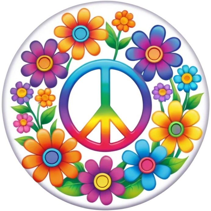 A round psychedelic colored button that says love, peace, and joy with rainbow colored hippie style flowers emoji