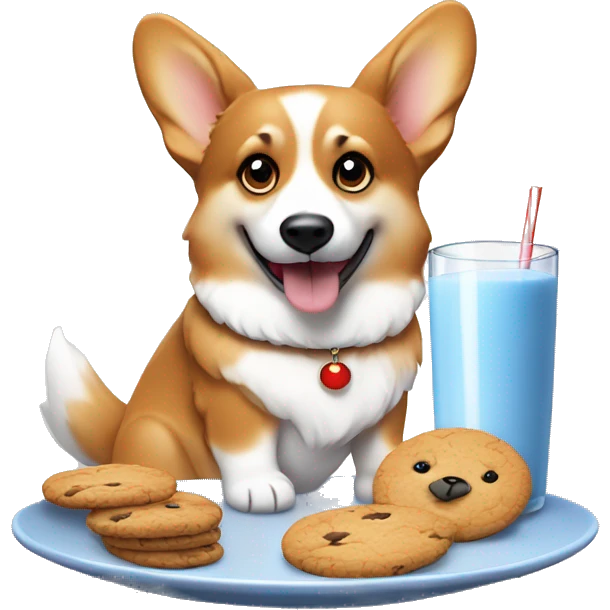 Happy corgi sitting next to a plate of cookies and milk, waiting for Santa emoji