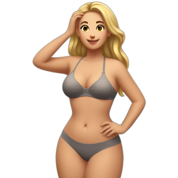 Slim-thicc Caucasian woman bra hands-in-hair pose (beach body) full body emoji