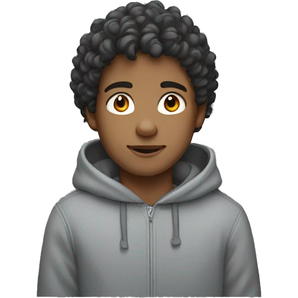 boy with curly dark hair in a grey hoodie  emoji
