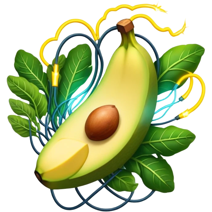 Banana, avocado, potato and leafy greens emitting electrical sparks that flow toward a heart and nervous system. The electrical currents connect the potassium-rich foods to muscles and nerves, highlighting potassium's role as the body's electrical rhythm keeper. emoji