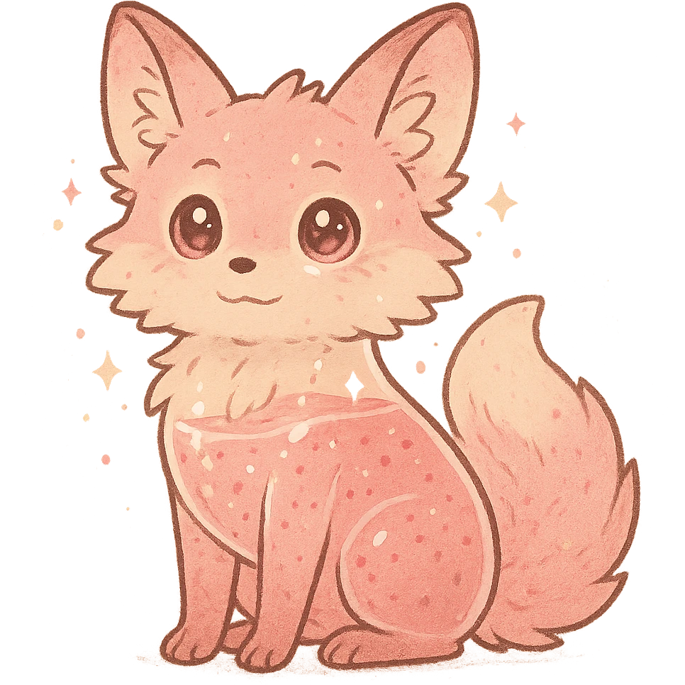 soft fluffy fox with transparent body filled with fruity smoothie, sparkling eyes, pastel pink color palette, full-body emoji