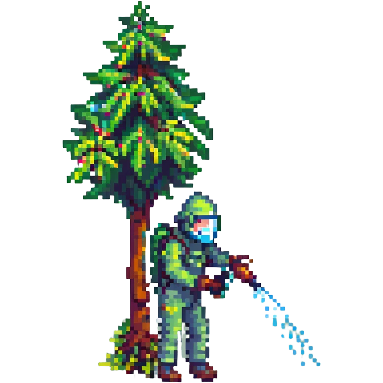 A gardener in protective suit and mask spraying a tree with a sprayer, performing chemical pest control. Bright green garden with trees, visible spray droplets, atmosphere of professional plant protection and garden care emoji