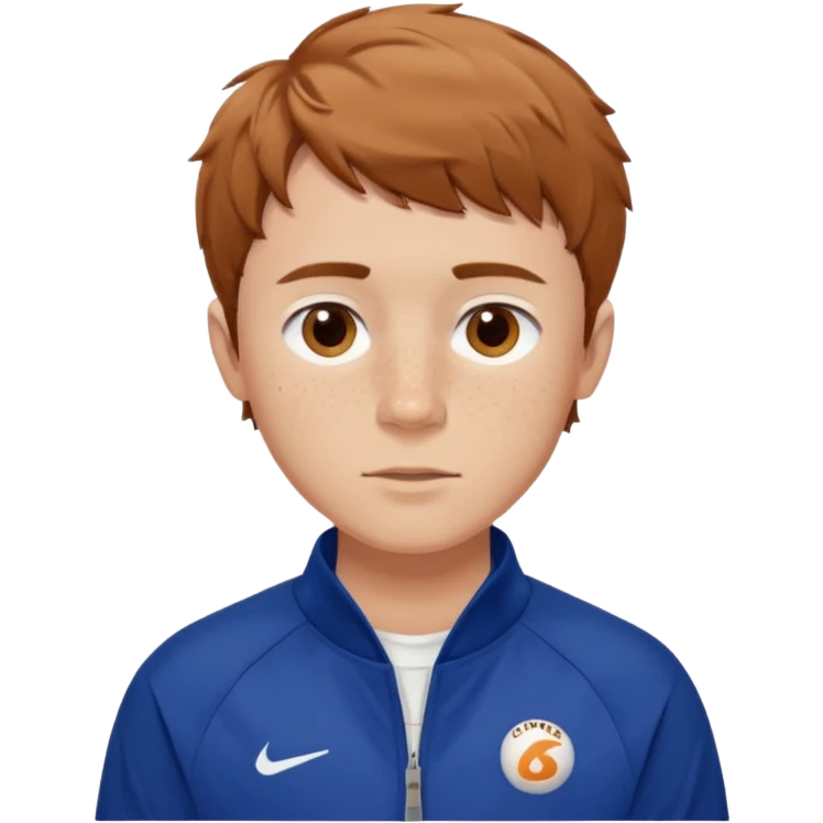 Owen Cooper in brown short choppy fringe wavy short hair and brown eyes, with freckles on this cheeks, wearing a deep blue sports jacket and white shirt emoji