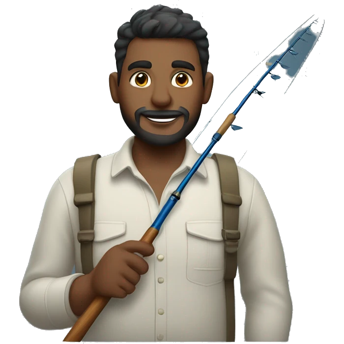 manly husband holding blue fishing rod and tuna emoji