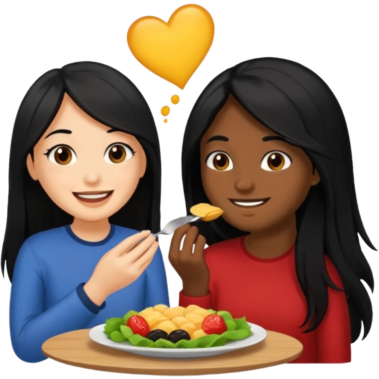 Fair skin woman with long black hair with her Brown skin ned boyfriend with his fine cut blacked hair eating together . Sticker emoji