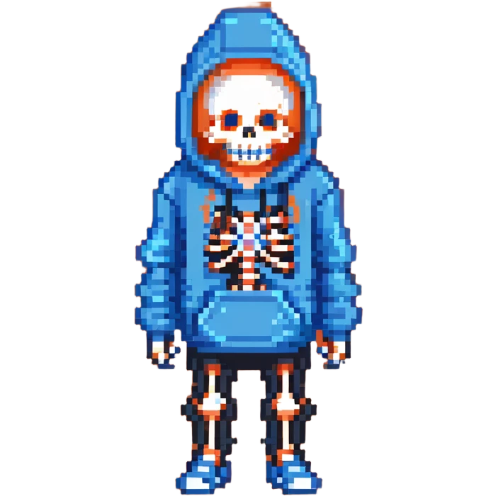 Sans from Undertale with glowing blue eye, skeleton with permanent grin, wearing blue hoodie emoji
