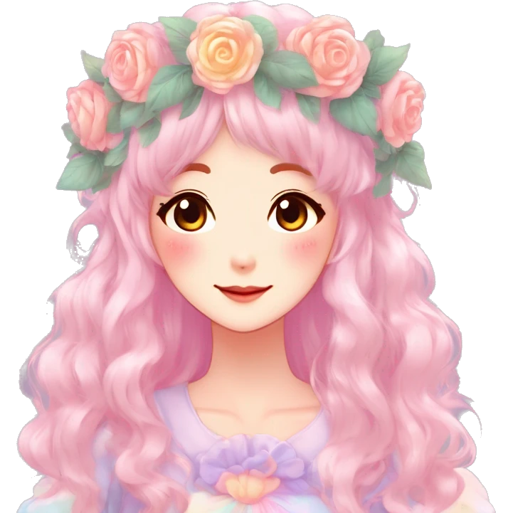 Gorgeous Shiny Colorful Pastel Anime Mature Lady with blushing face and pretty hair with a flower crown pastelcore kawaii cottagecore fairycore aesthetic trending style emoji