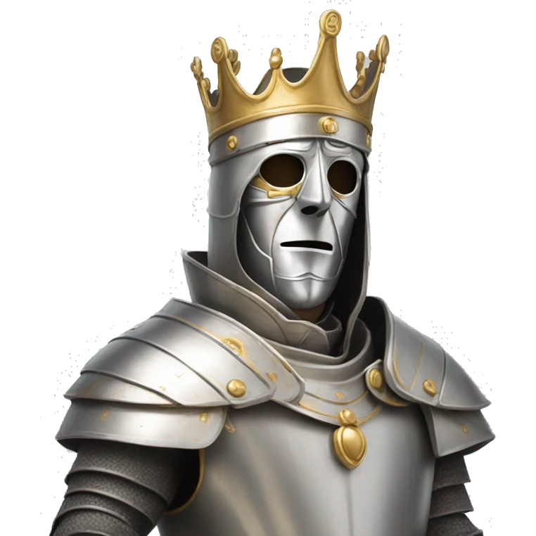 king baldwin IV in silver full face mask up who raises his right hand with the mask fingers spread emoji