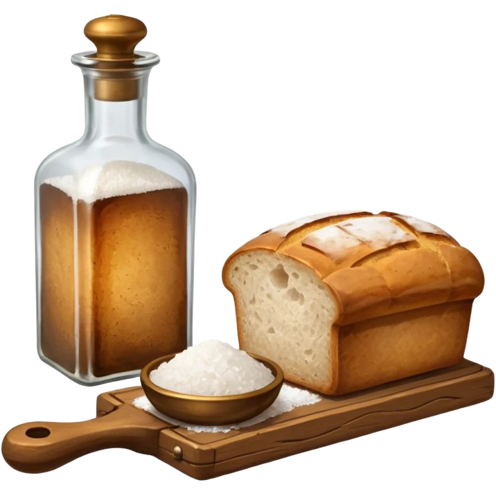 steampunk - a bottle of salt (salt cellar) and a loaf of peasant bread - still life composition emoji