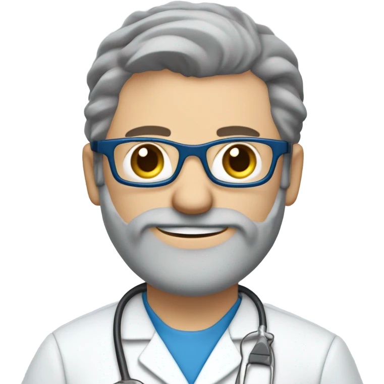 male dark blond doctor with grey beard with hazel eyes and small wire-rimmed glasses in blue scrubs holding a paintbrush and saw emoji