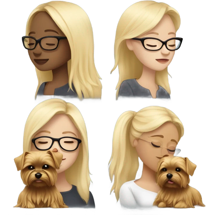 White girl blonde hair eyes closed wearing glasses hugs Yorkshire terrier  emoji