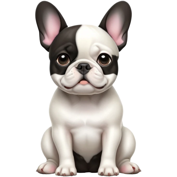 cinematic-[french bulldog]-realistic-full-body-sitting-emoji,-tail-resting-loosely-beside-its-paws,-head-tilted-dramatically,-sleek-[black ant white pied]-fur,-simplified-yet-realistic-focused-features,-highly-detailed,-glowing-with-an-almost-sarcastic-glow emoji