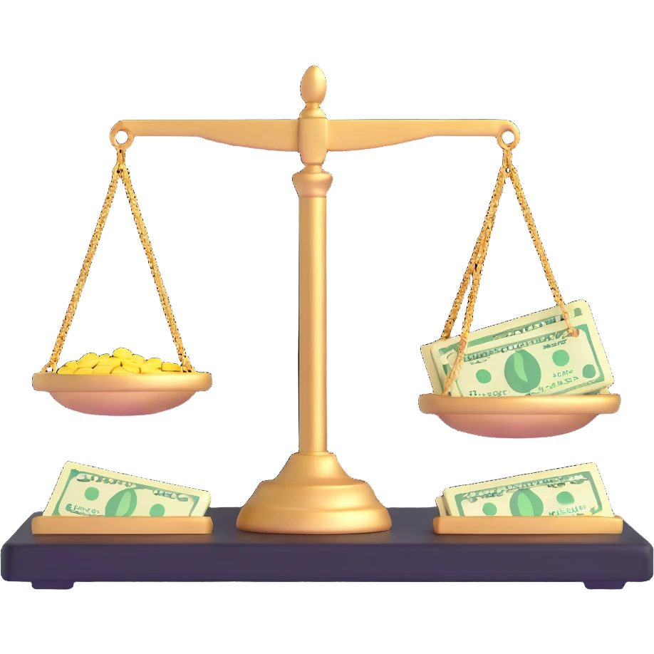 gold scale with dollar bills on one side and beauty products on the other side emoji