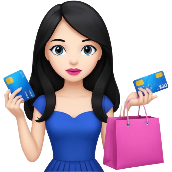 Girl with long black hair, pink lipstick, brown eyes holding shopping bags and blue credit card and wearing a black dress  emoji