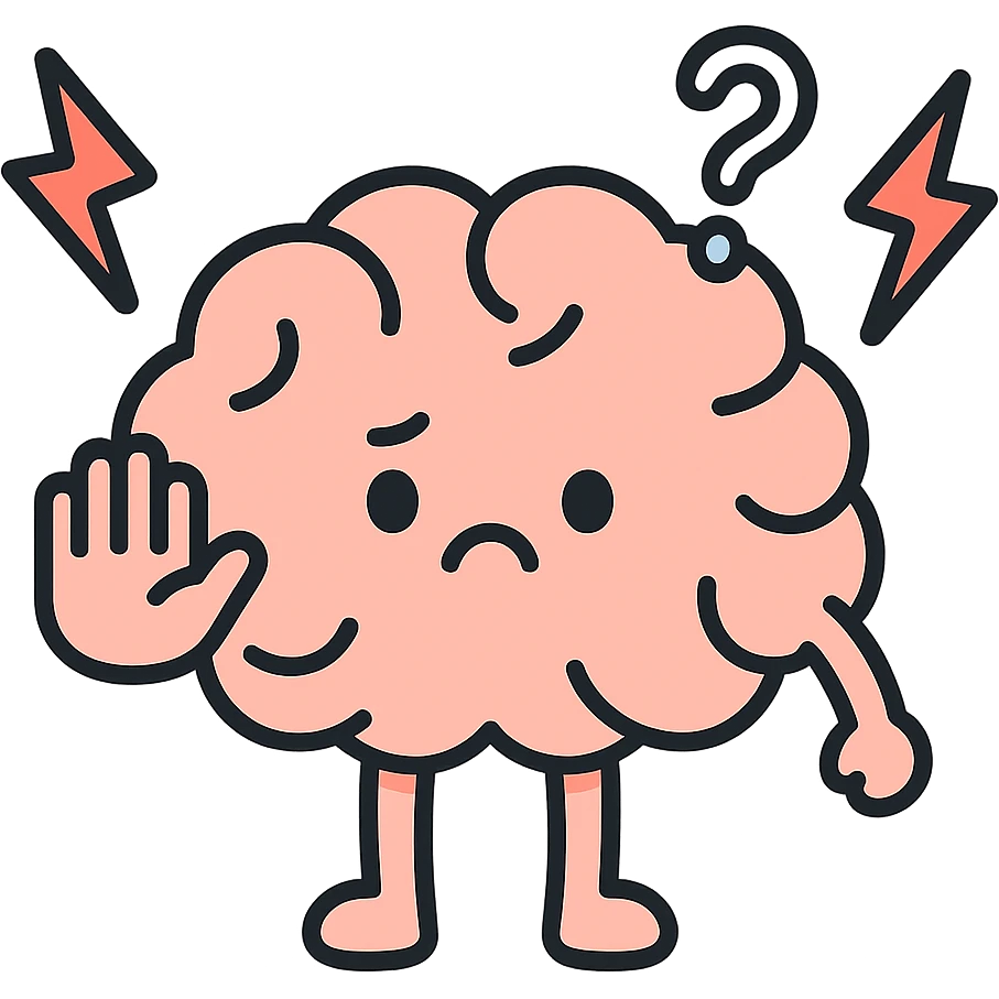 cute cartoon-style brain with red lightning bolts, confused expression, blocking pain signals, soft colors, medical theme icon emoji
