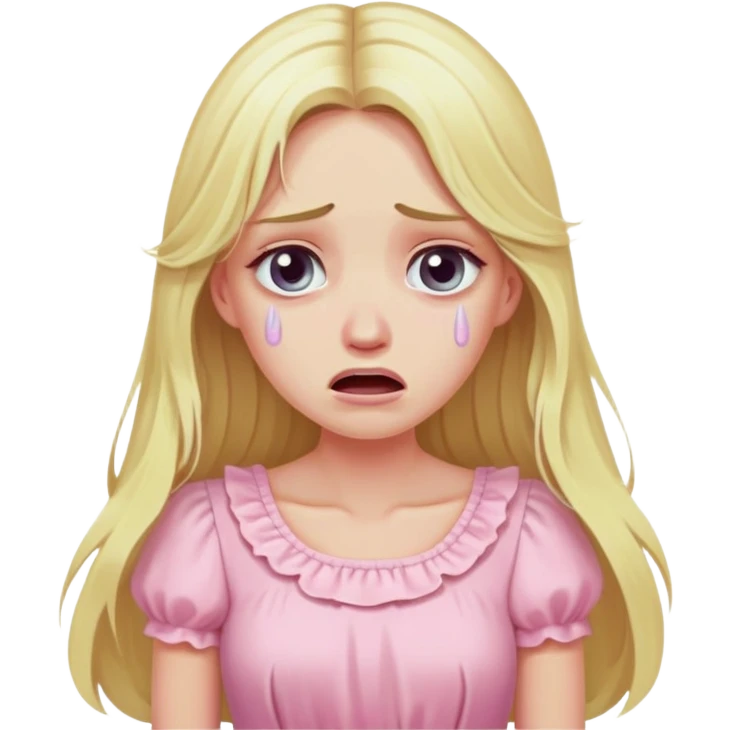 blonde with long hair and swamp eyes in a pink pastel dress, cry emoji