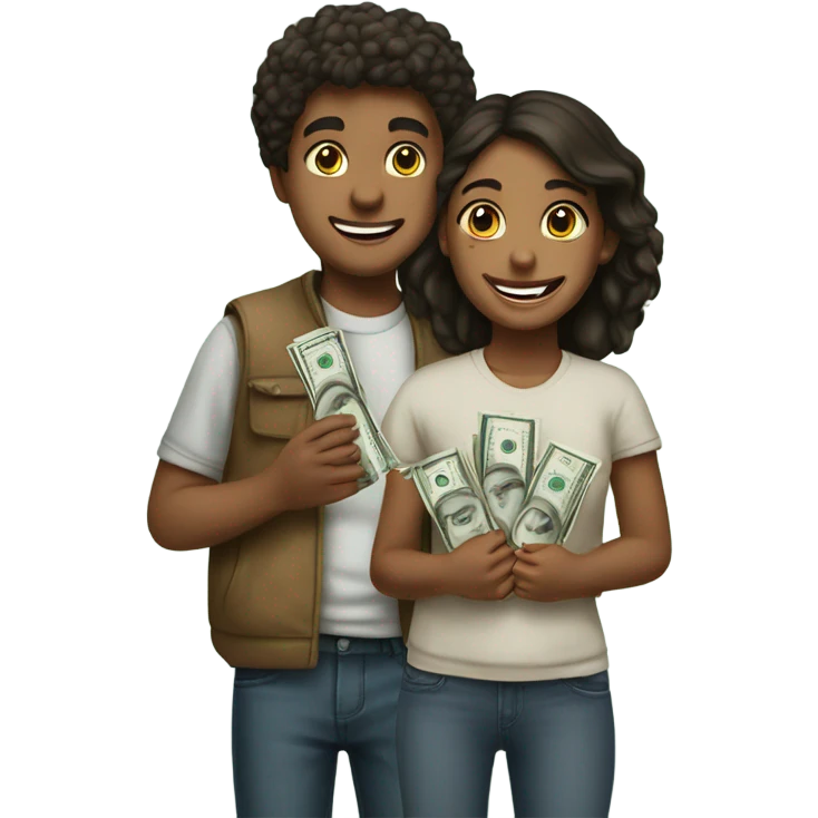 Girl & boy with $5 bills and smiles emoji