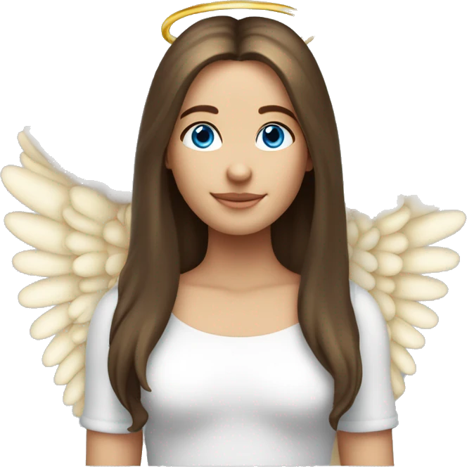 Caucasian brunette angel with long straight hair, dimples, big blue eyes, golden hoop halo over head and wings on back emoji