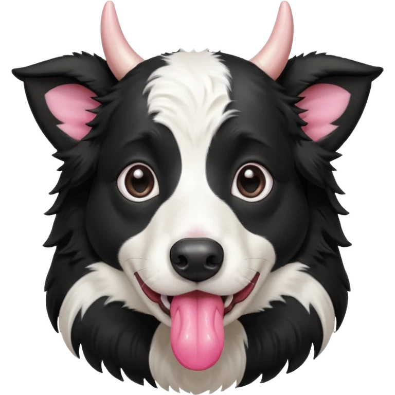 A black and white border collie has a cow's hoof in her mouth. emoji