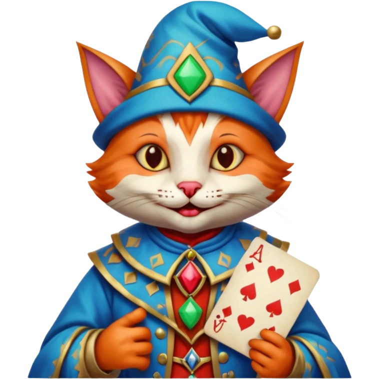 crazy colorful cute little cat jolly joker from poker, medieval, vintage, court jester, mac os icon, blue color, poker cards, mage emoji