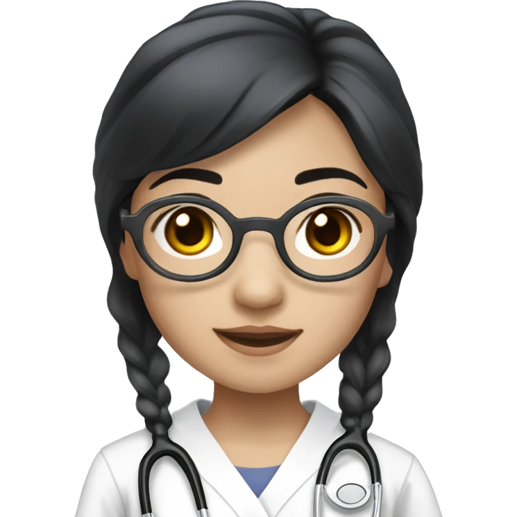 Asian girl, with white skin tone, black hair, wearing silver round harry potter glasses and a white scrub and a stethoscope  emoji