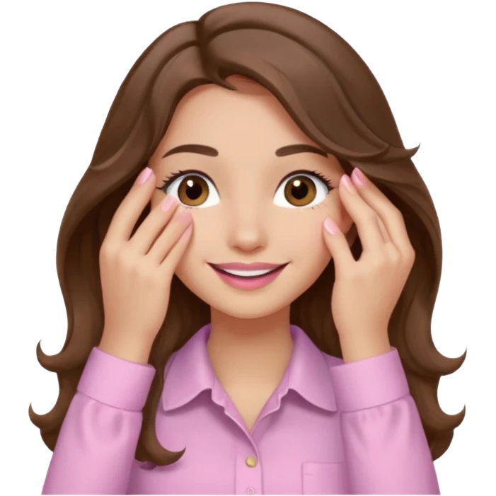 girl with wavy long brown hair, brown eyes, light to medium complexion, long lashes, light pink lipstick, wearing light pink shirt, smiling, hand covering eyes emoji