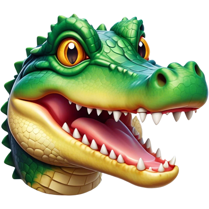 Cinematic Realistic Comical Crocodile Portrait Emoji, Head tilted dramatically with an exaggeratedly amused expression, featuring a striking, glossy scaly hide with bold textures and wide, expressive eyes full of playful disbelief, rendered with vivid natural hues and lifelike detail, high shine, dramatic yet playful, styled with an air of cheeky aquatic mischief, soft glowing outline, capturing the essence of a spirited and over‐the‐top crocodile that looks ready to snap its jaws in a burst of viral wild humor! emoji