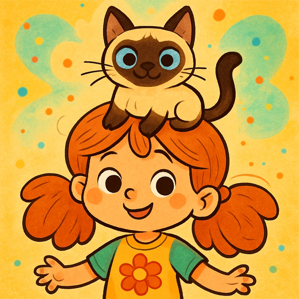 a cute girl with a siamese cat on her head, cartoon style, colorful and playful emoji