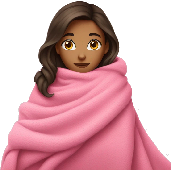 A brunette girl with a pink big cozy blanket emoji