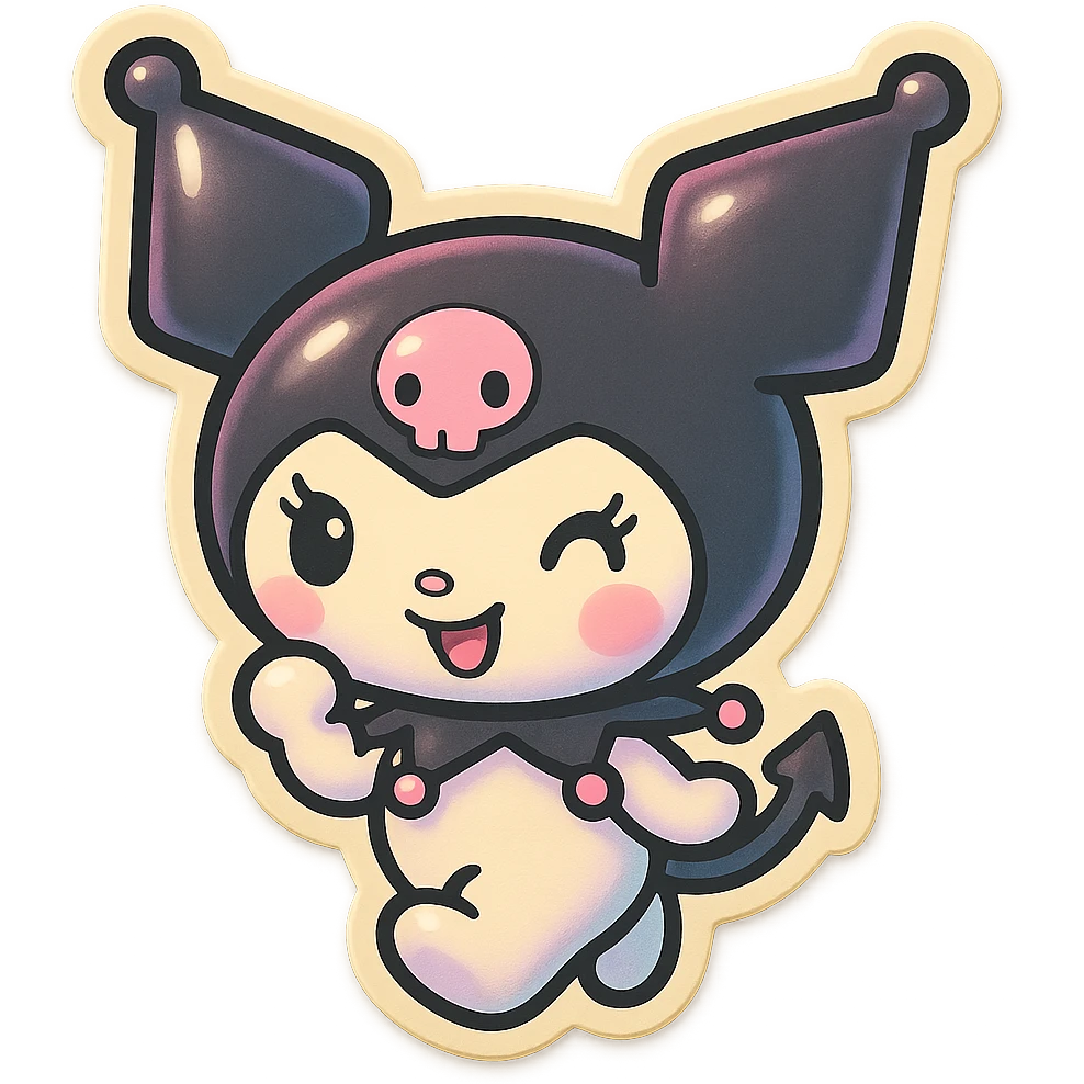 Kuromi character as a cute sticker with bold outlines, playful expression, pastel colors emoji