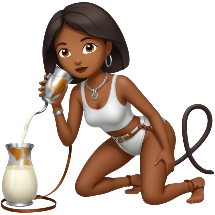 Dark Women drinking  from sliver milk bowl with only leash on on all fours  emoji