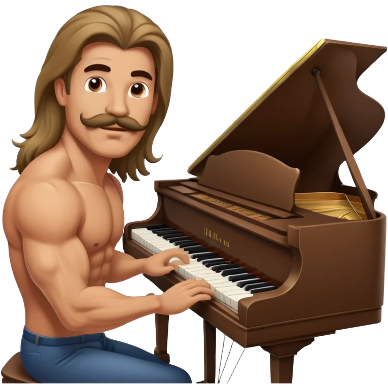 super jacked guy with a mustache and long hair playing the piano emoji