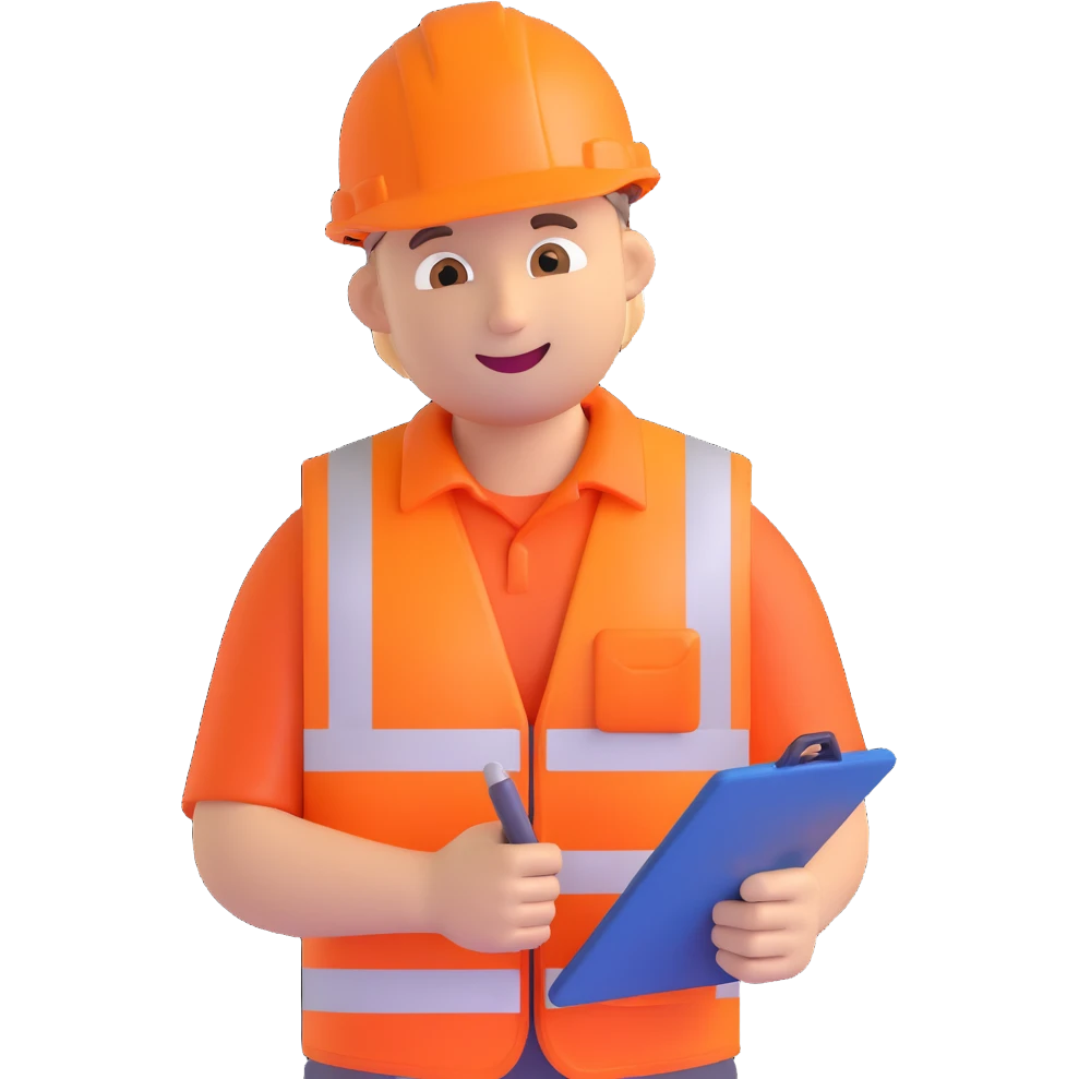 Keith Morey, a Network Rail worker emoji, wearing a high-visibility orange vest, hard hat, holding a clipboard, friendly expression emoji