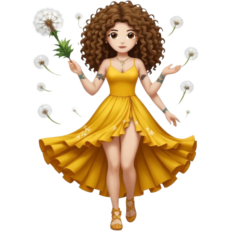 full body woman long curly brown hair brown eyes white skin tattoos muscular build dandelion seed spirit dress made of floating fluff emoji