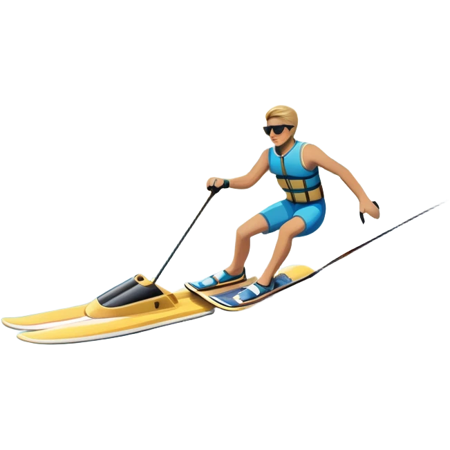 A humanless icon showing a pair of water skis skimming across the surface of a lake, with a skier in motion. The design includes a wake behind the skier, splashing water, and the sun reflecting on the water. Transparent background highlights the speed and thrill of water skiing. emoji