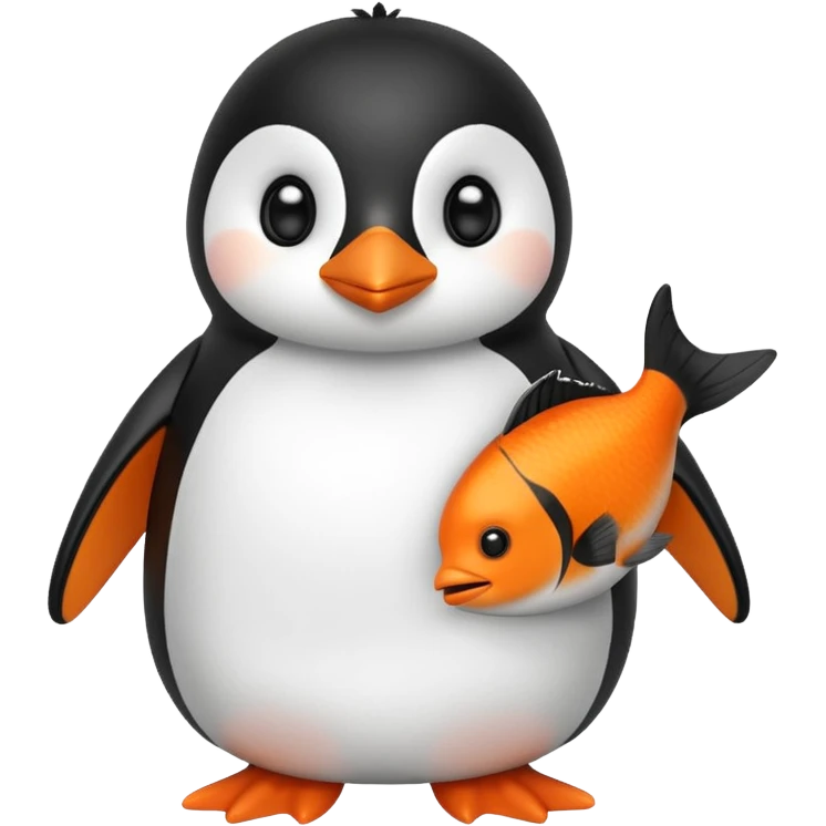 A cute penguin doll holding an orange fish. emoji