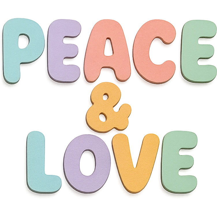 Soft pastel rainbow rounded bold letters for "Peace & Love", kawaii cute font, no border, transparent PNG emoji