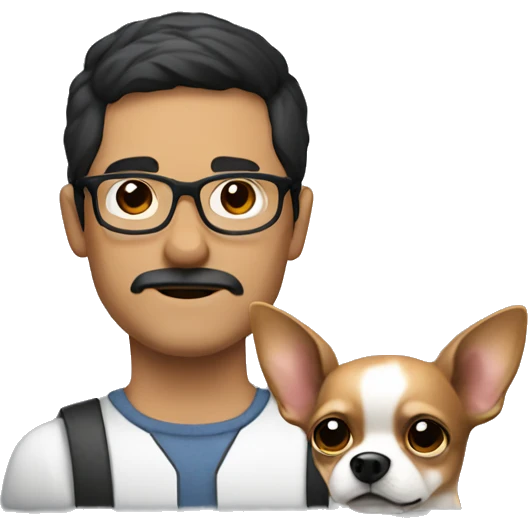 dark hair dark eye man with short mustache wearing glasses holding chihuahua emoji