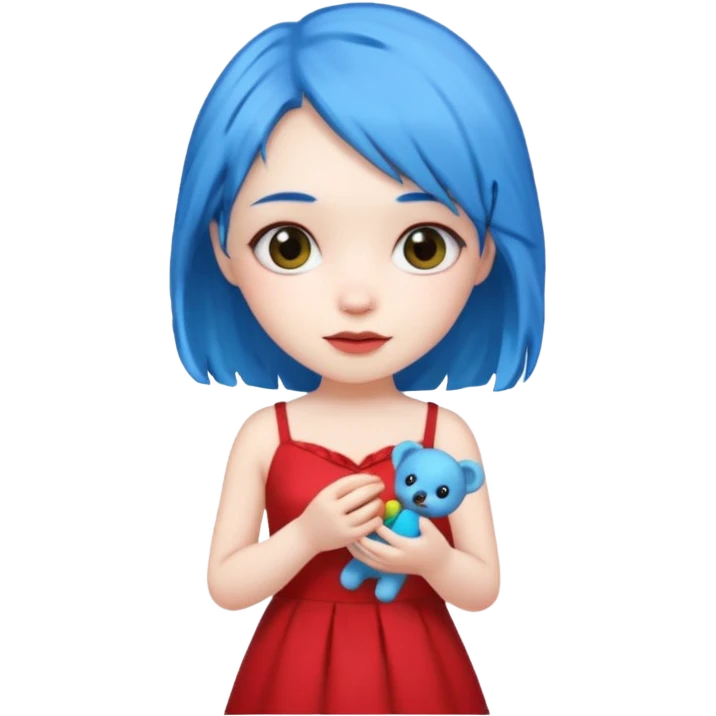 blue haired red wearing girl with small toy emoji