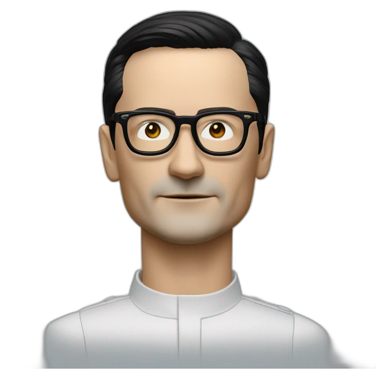 Hyper realistic Ralf Hutter from Kraftwerk, short straight black hair, black glasses, thin, riding open top black tesla model 3 emoji