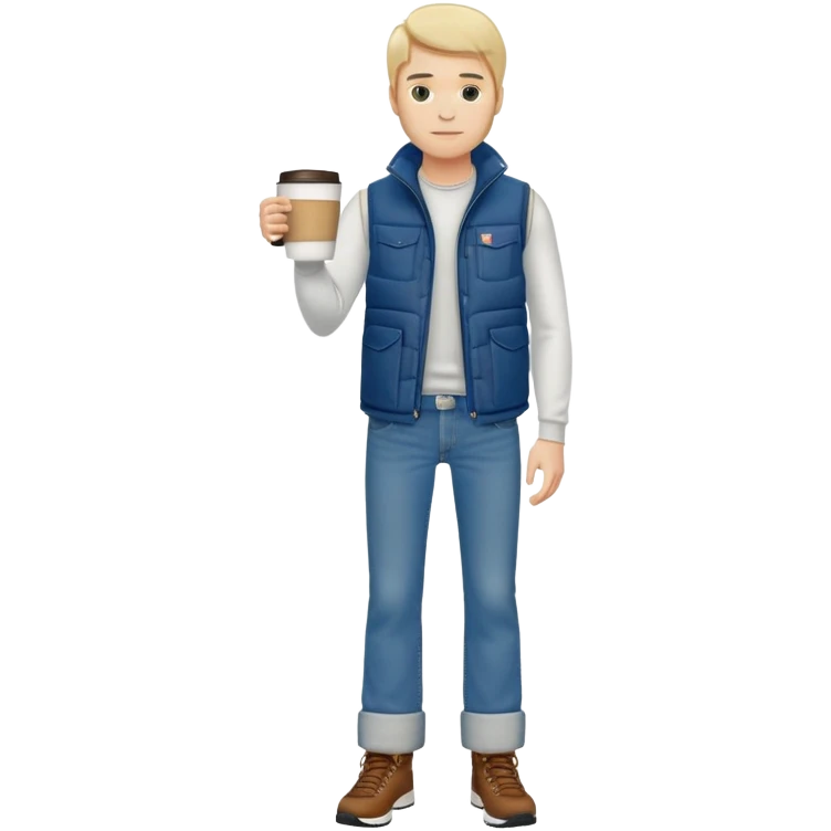 full body man with plain puffy vest with no pockets over long sleeved shirt wearing straight levi boot cut levi blue jeans and tennis shoes holding coffee mug in his hand emoji