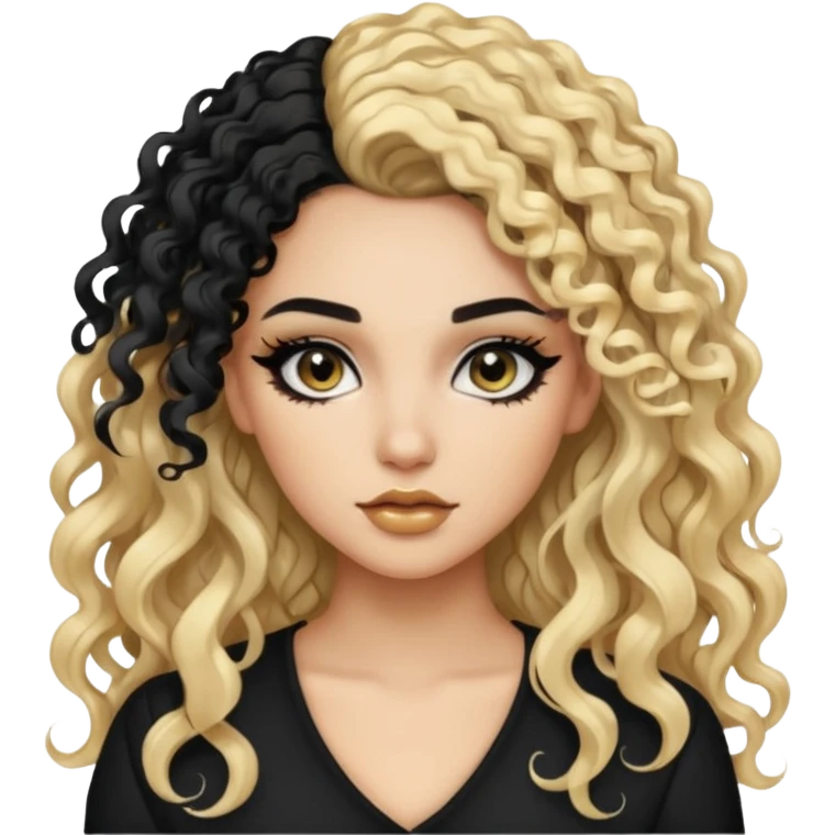 split dye leftside blonde rightside black long and curly hair, baddie, pretty makeup, black eyeliner, long and curly hair emoji
