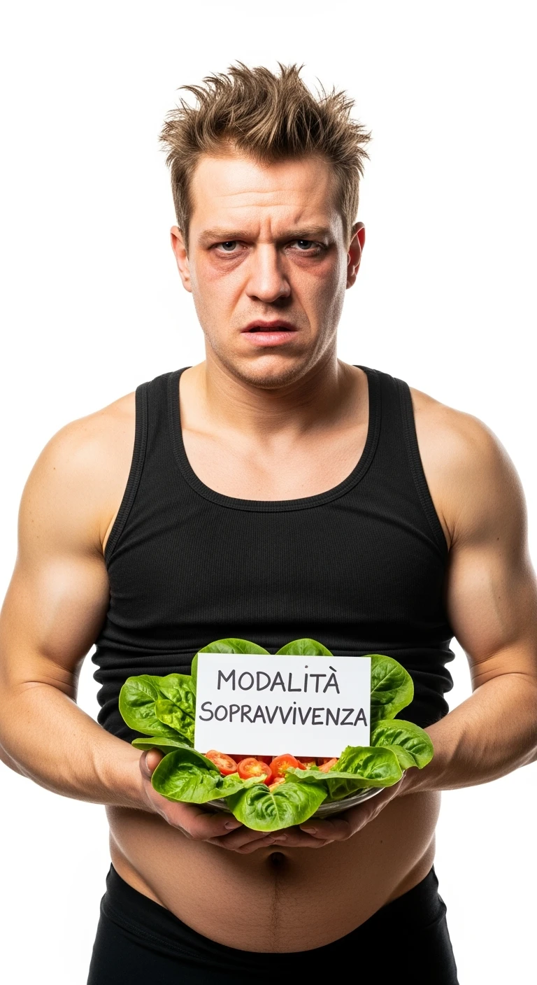 bodybuilder molto stanco e stressato con un insalata in mano, nell'insalata c'è un cartello con scritto "MODALITà SOPRAVVIVENZA", ISOLATO SU SFONDO BIANCO emoji