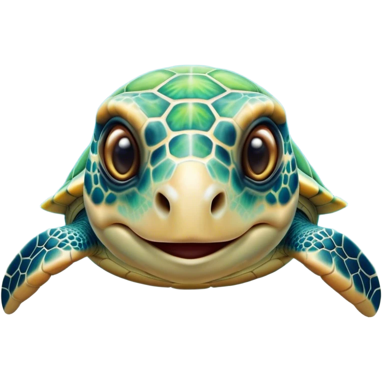 Cinematic Cute Sea Turtle Portrait Emoji, Head tilted playfully and inquisitively, featuring a charming, compact form with a beautifully patterned, domed shell and gentle, sparkling eyes full of oceanic wonder, Simplified yet irresistibly adorable features, highly detailed, glowing with a warm, friendly sea glow, high shine, affectionate and lively, stylized with a touch of whimsical marine charm, soft glowing outline, capturing the essence of a mischievous yet loving sea turtle that seems as if it could swim out of the screen into your arms! emoji