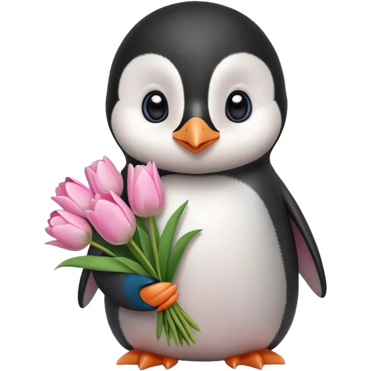 Cute baby penguin holding flower bouquet wraped in white paper and all flowers tulips in pink colour emoji