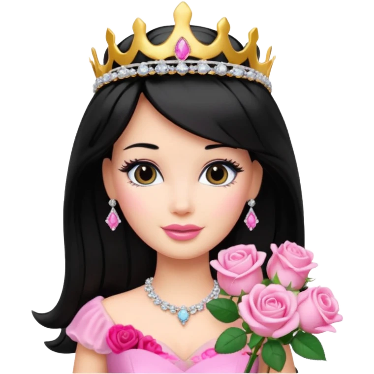 Barbie with black hair with a bouquet of pink roses and a tiara emoji